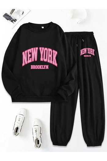 SimStone Trden New York Pinkprinted Long Sleeve Round Neck Sweatshirt