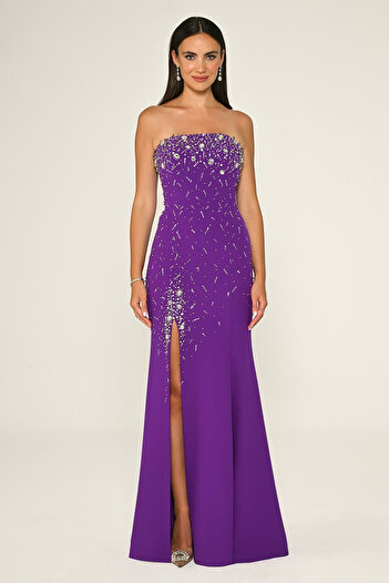 ALFABETA Strapless Stone Embroidered Crepe Long Evening Dress Alfa Beta