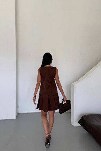 buğrahayalin Vest - Pleated Skirt Look Dress - Brown