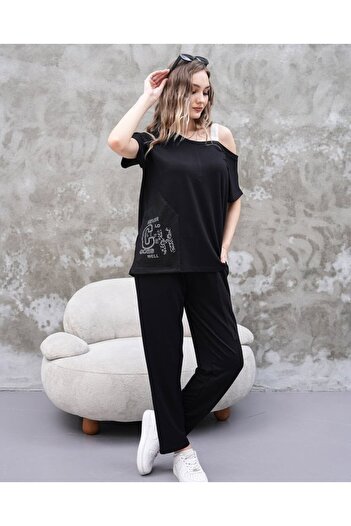 Edolika Women's Boat Neck Print Detail Loose Blouse and High Waist Trousers Double Set