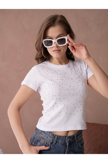 MODA Strivex White Shiny Stone Print Detailed Regular Fit T-Shirt