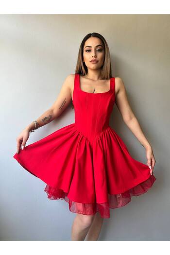 Fav Style Women's Thick Strap Corset, Mini Dress, with Flounces and Red