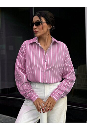 Muzzem Γυναικείο ριγέ ροζ ποπλίνα πουκάμισο Oversize