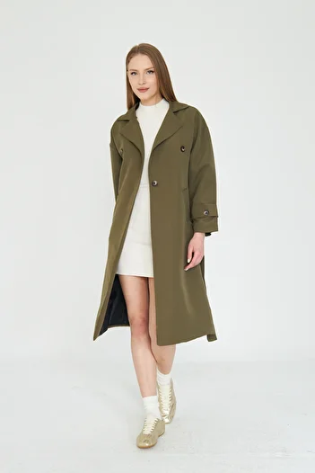 SevdeUgur Women's Green Khaki Lined Long Trench Coat / Sevde Ugur