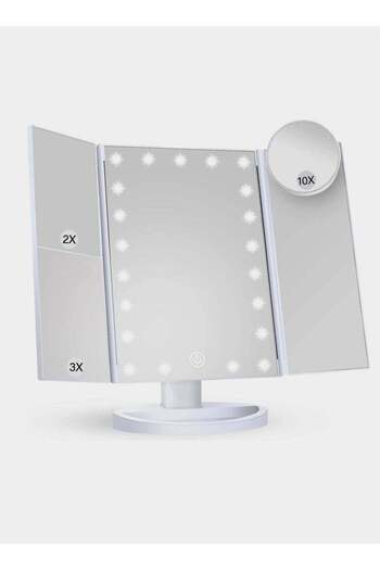 COOYA LED Cosmetic Mirror, Triple Folding, Portable, Touch Control, Glossy, For Dressers, White