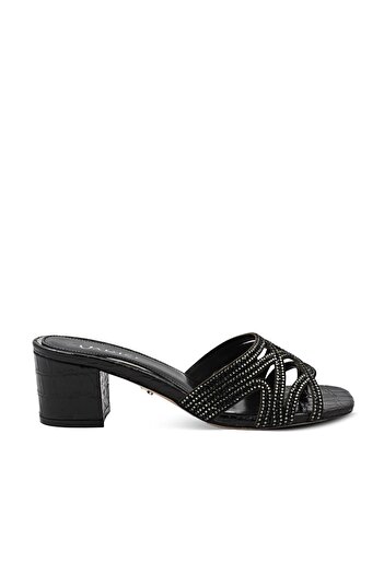 Vario Black Stone Detailed Thick Heeled Slippers Z147 Black Croco (Black Croco)