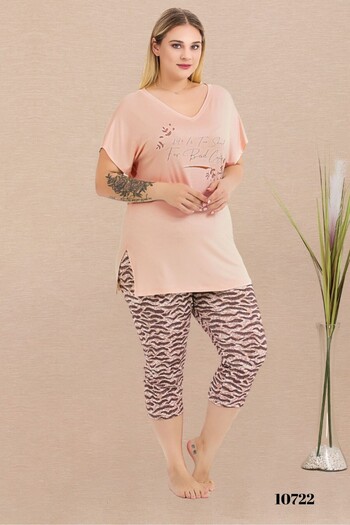tarzımsüper Plus Size Elastic Waist Comfort Model Viscose Cotton Women's Capri Pajamas Suit