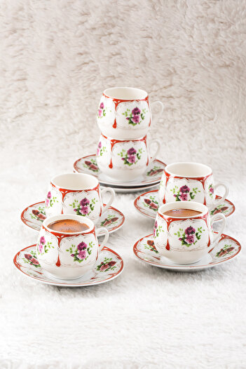 Porsima 12 Piece Geisha Turkish Coffee Cup Set for 6 People Porcelain 100ml