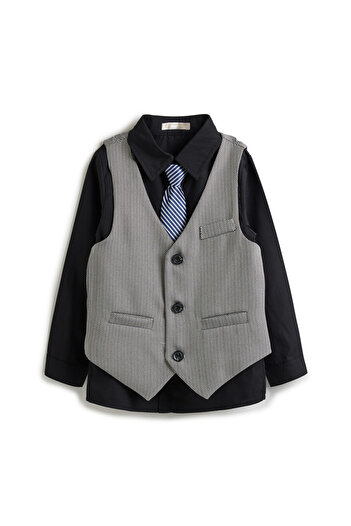 Victor and Jane Grey Herringbone Waistcoat And Pant Set With Shirt And Tie