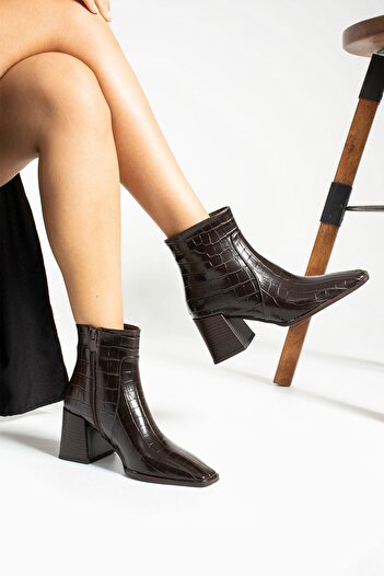 Seniorah Γυναικείες μπότες με τακούνι Lotus Brown Crocodile Skin
