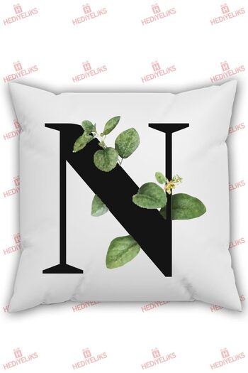 HEDİYELİKS N Letter Alphabet Themed Flower Patterned Pillow