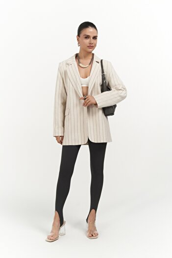 BOHEMAİ Juba Füme Çizgili Bej Basic Blazer