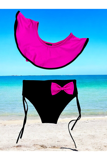 Lolliboomkids Girl's One Shoulder Half Sleeve Bow Tie Bikini Set Fuchsia Color