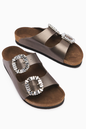 Limoya Brisa Platinum Double Banded Stone Buckle Detailed Slippers
