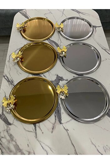 AHİR TİCARET 6-Piece Butterfly 3 Silver 3 Gold Round Presentation Tray Decorative Serving Tray Tea, Coffee 22 cm