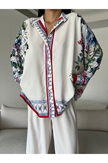 BRGCLOTHING Set cămașă largi cu imprimeu floral alb și pantaloni largi Jessica Fabric