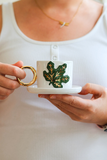 Özce Art Ceramic Atelier Spring - Autumn Themed Leaf Patterned Turkish Coffee Cup and Saucer with 24K Gold Detail
