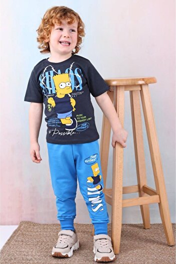 yagmurgiyim PJKKE Simpson Pattern Σκούρο Μπλε Φούτερ Κοστούμι για αγόρια με κοντό μανίκι 3-10 ετών 7492-KM