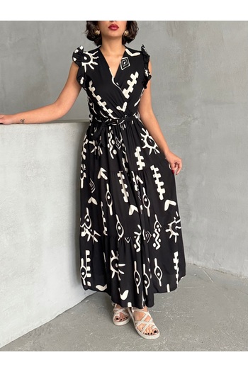 BEJNA Women's Black Flounce Sleeve Double Breasted Collar Woven Dress