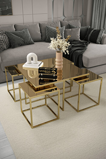 home plus mobilya Lizbon 5'li Gold Kaplama Bronz Aynalı Orta Sehpa & Zigon Sehpa & Yan Sehpa & Bohem Sehpa Takımı