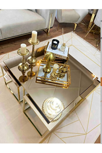MYDECO Madrid 5'li Gold Kaplama Bronz Aynalı Orta Sehpa & Zigon Sehpa & Yan Sehpa & Bohem Sehpa Takımı