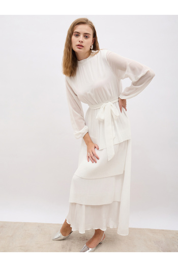 Styli Plain Pleated Detail Long Sleeves Tiered Maxi Dress