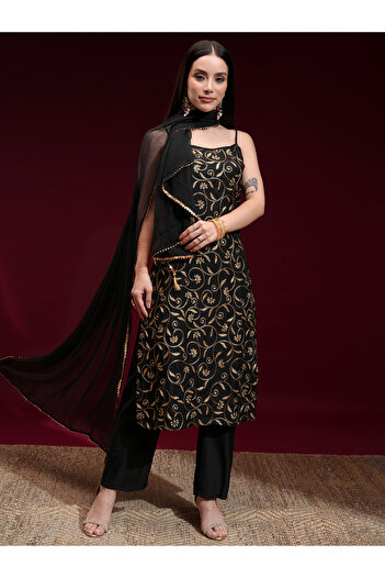 Vishudh By Styli Women Black Kurta Set with Trousers and Dupatta
