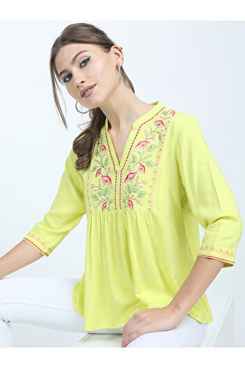 Vishudh By Styli Women Yellow Embroidered Floral Top