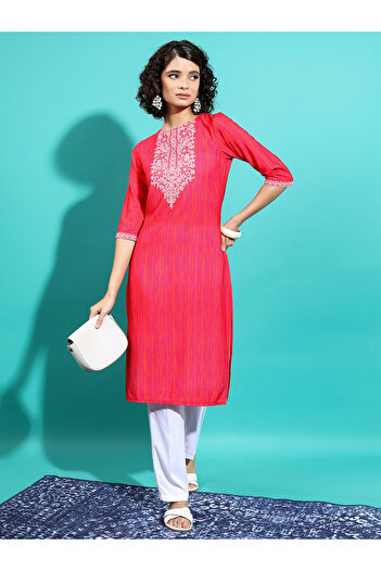 Vishudh By Styli Red Geometric Yoke Design Thread Work Kurta