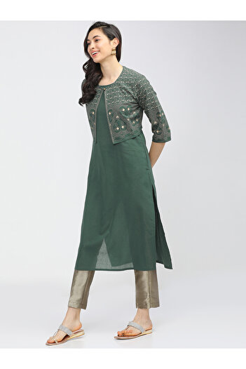 Vishudh By Styli Women Green Printed Kurta With Jacket