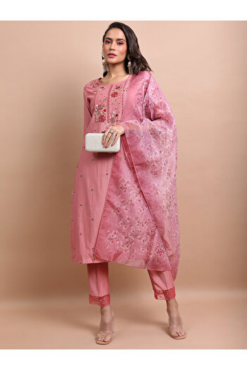 Vishudh By Styli Pink Embroidered Kurta Set with Trouser and Dupatta