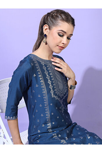 Vishudh By Styli Women Teal Blue Printed Kurta with Trousers