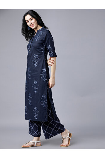 Vishudh By Styli Women Blue Printed Cotton Kurta with Palazzo Pants