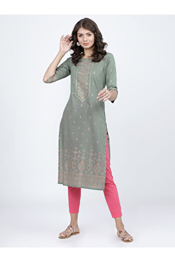 Vishudh By Styli Women Olive Ethnic Motifs Printed Cotton Kurta
