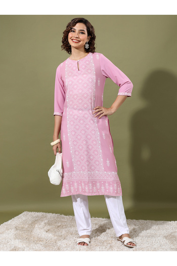 Vishudh By Styli Pink Floral Printed Keyhole Neck Straight Kurta