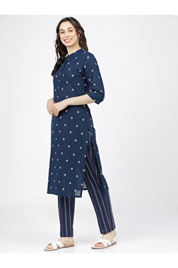 Vishudh By Styli Women Blue Printed Cotton Kurta with Palazzos