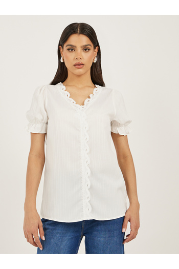 Styli White Solid Lace Trim Blouse