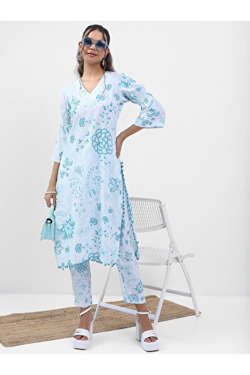 Vishudh By Styli Women Blue Floral Printed Kurta Set