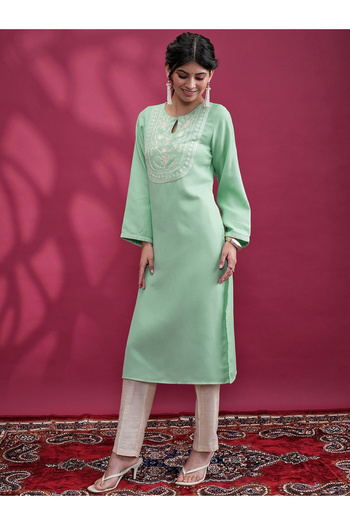 Vishudh By Styli Green Embroidered Keyhole Neck Kurta Set for Women