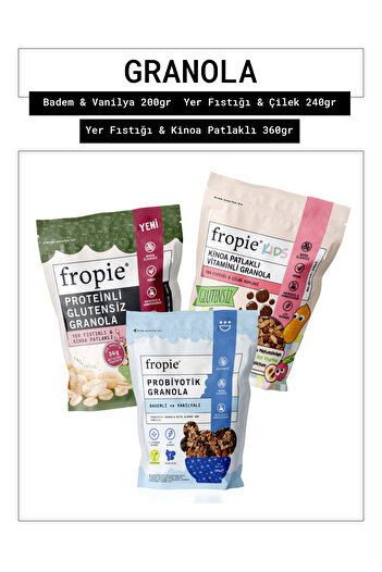 FROPİE Almond & Vanilla - Kids Peanut & Strawberry Cubes - Granola with Peanut & Quinoa Puffs Set of 3