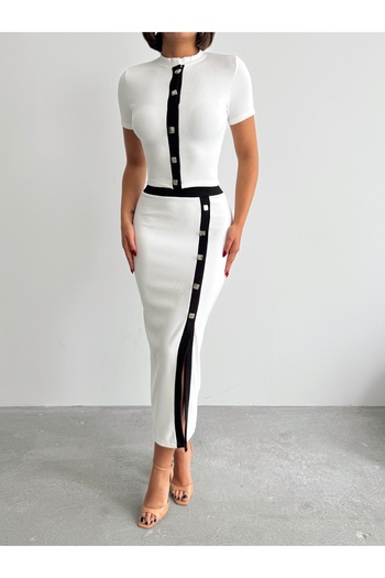 BEJNA Women's White Button Detailed Skirt Suit