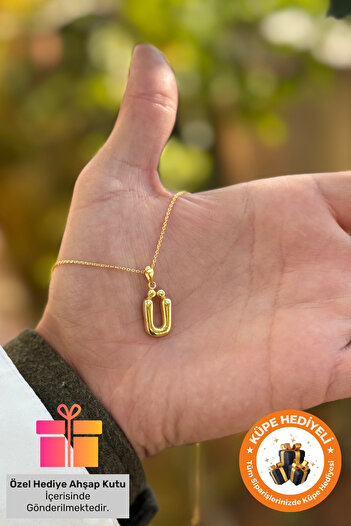 Lucente Jewellery Hediye Kutulu 925 Ayar Altın Gümüş Kaplama 3 Boyutlu Harf Kolye Isim Baş Harfli Ü Harfi Kolyesi