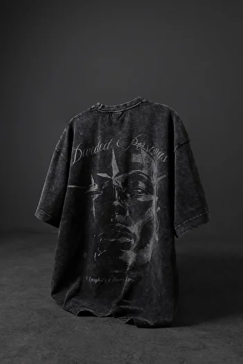 Slatra Men's Anthracite Divided Personas Printed Special Washed Fabric Oversize Tshirt