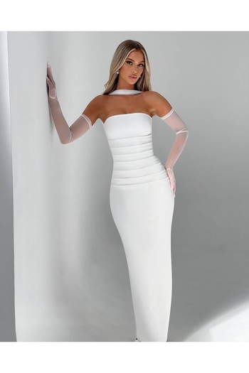 Diviny Women's White Strapless Long Wrap Dress with Gloves and Scarf