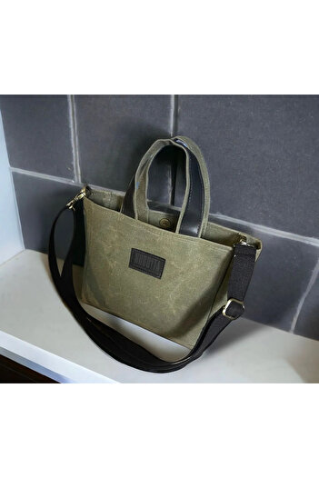 Nuggita Mini Size Magnetic Muratla Khaki Color Handbag / Black Leather Detailed