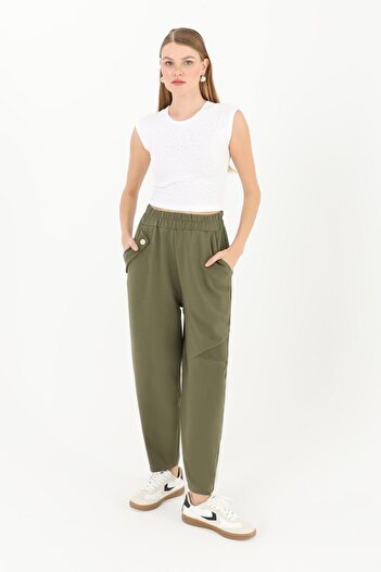 Puane Women's Button Detailed Carrot Soft Comfortable Fit Combed Cotton Trousers 181050