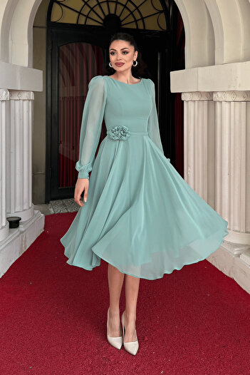 giyimmasalı Φόρεμα Sifon Fabric Midi με λεπτομέρεια λουλουδιών - MINT GREEN