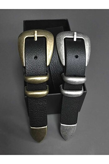 Kemerix 100% Genuine Leather Antique and Tin Coated Tool Buckle Black 2-Piece Belt Set