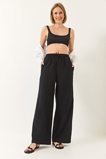Bianco Lucci Women's Elastic Waist Tie Detailed Pocket Linen Wide Jogger Pants 3235 60281035
