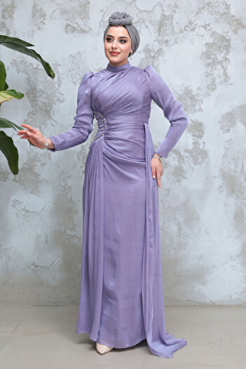 Neva Style Drape Detailed Lilac Hijab Evening Dress 51481Lıla